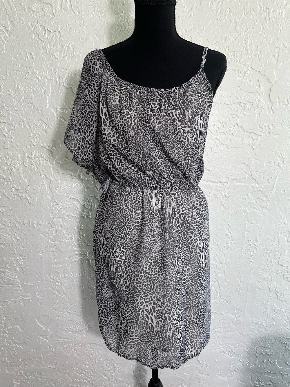 Pink Rose Black White Animal Print One Shoulder Mini Dress